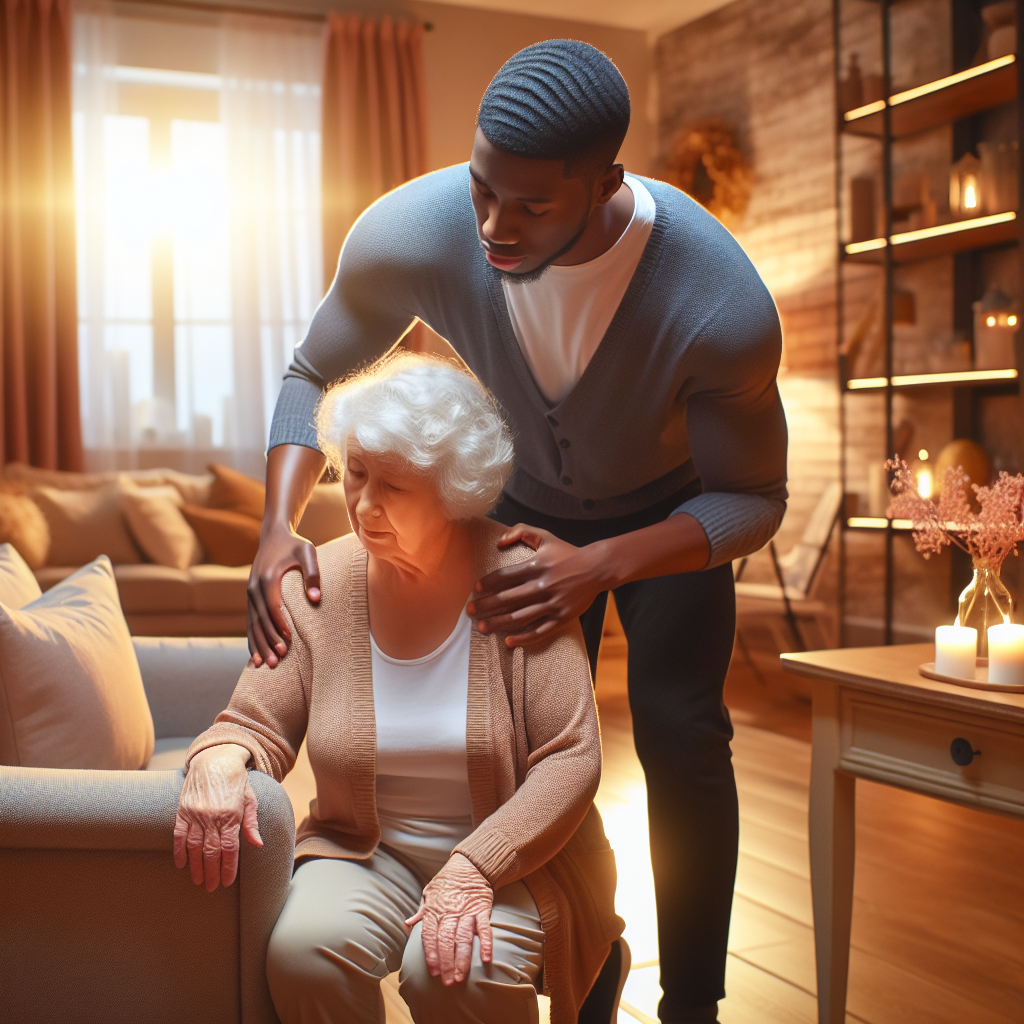 A warm-hearted caregiver assisting an elderly person at home, showcasing compassion and care in a cozy living room setting.