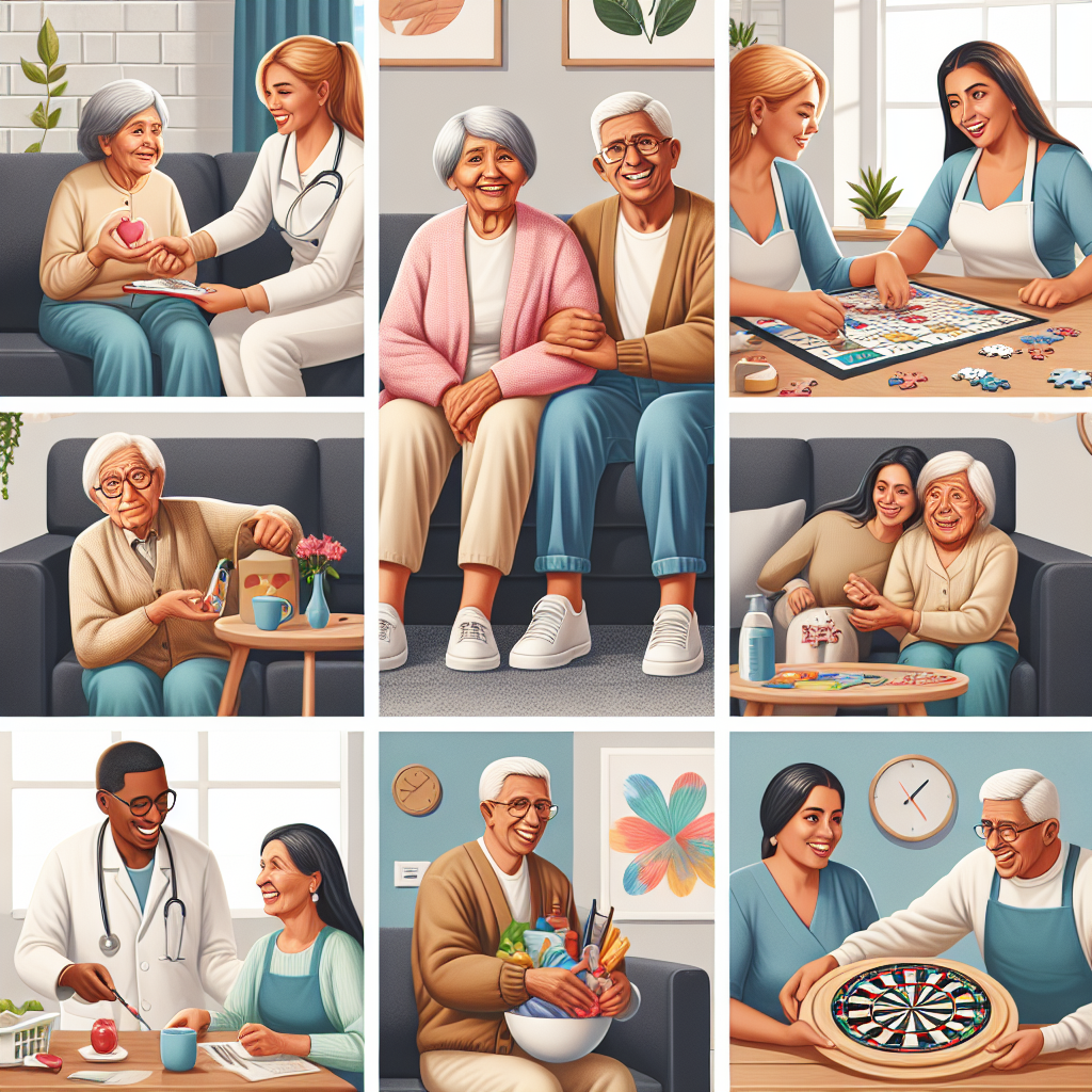 A warm and inviting scene showing various elderly assistance services like in-home care, companionship activities, and transportation support