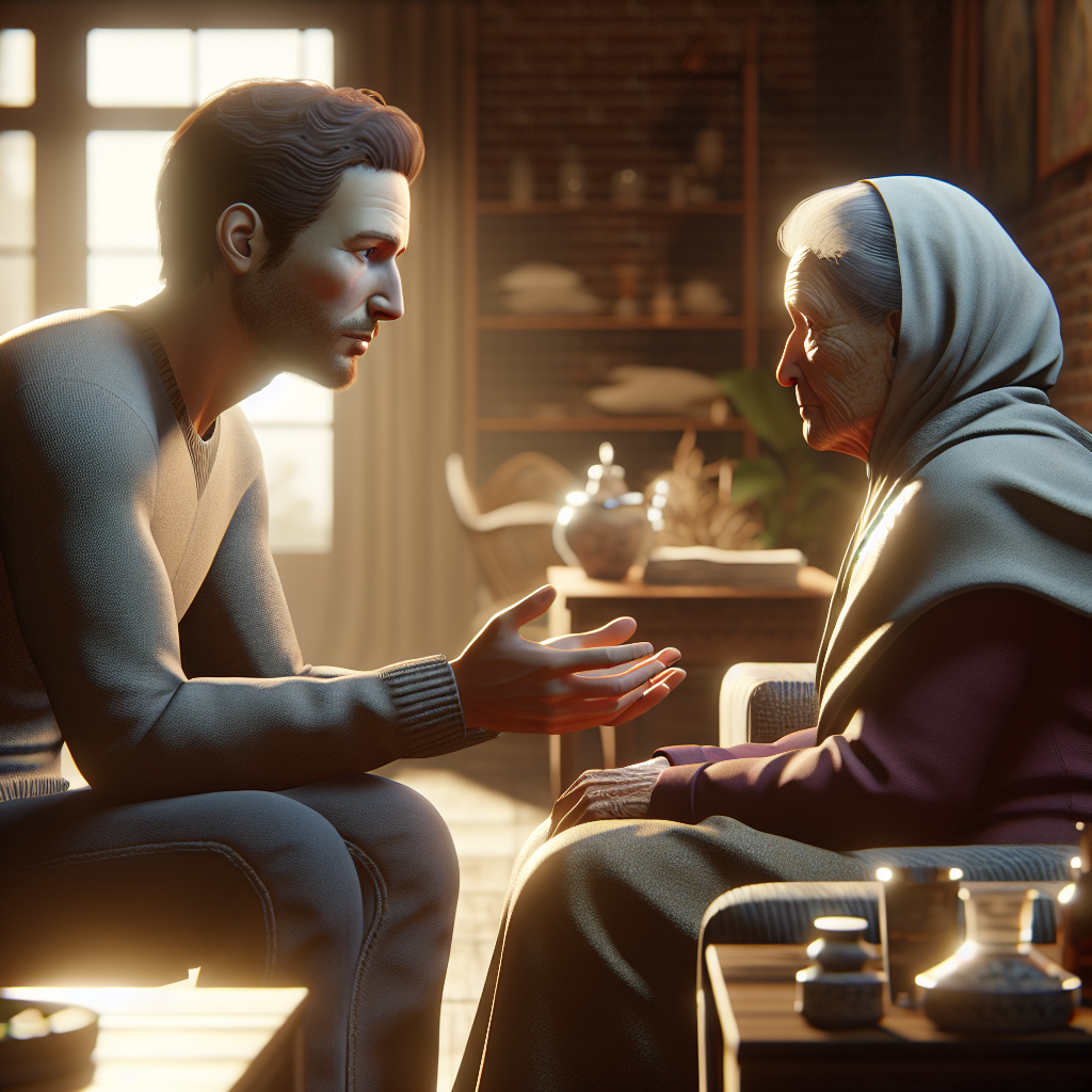 A caring adult child discussing care options with their aging parent at home