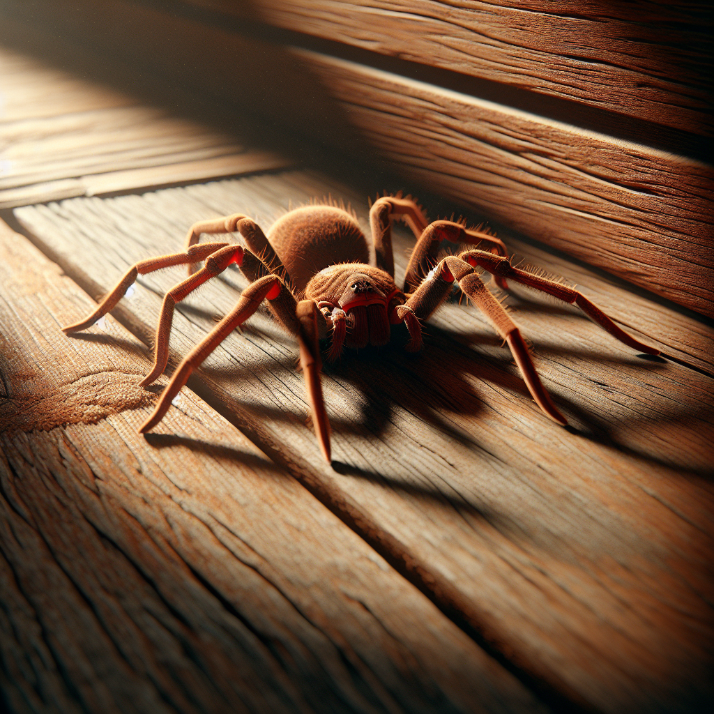 A close-up of a brown recluse spider on a wooden surface with natural lighting