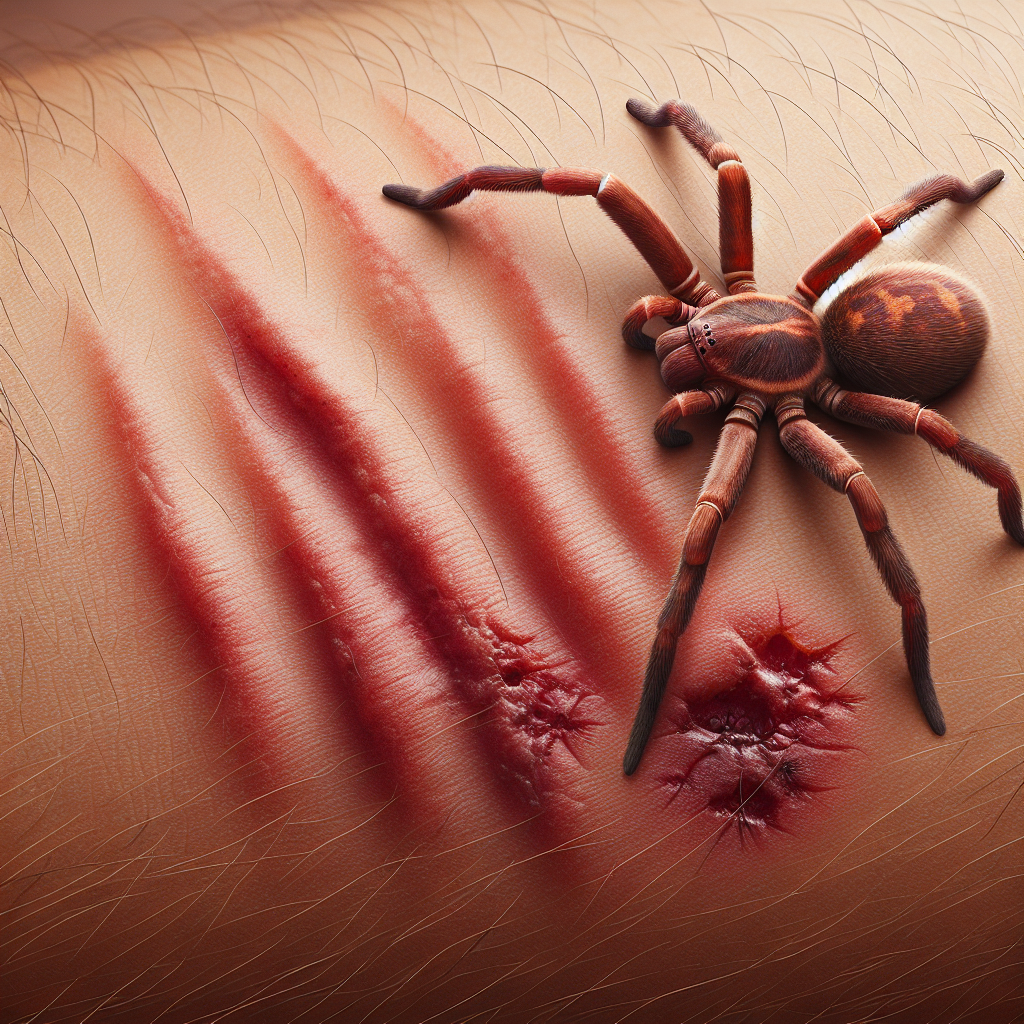 Close-up of a brown recluse spider on skin with visible bite marks