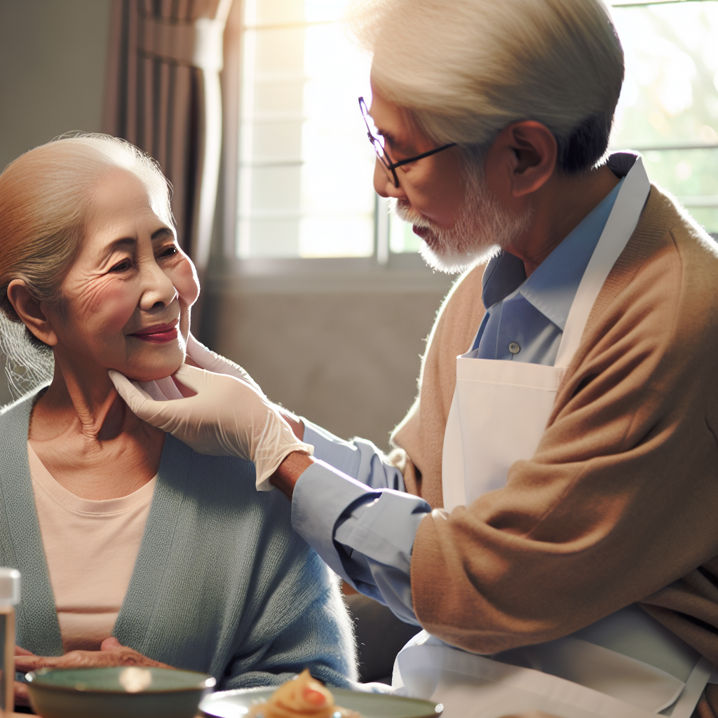 A warm scene showing an elderly person being cared for at home by a compassionate caregiver