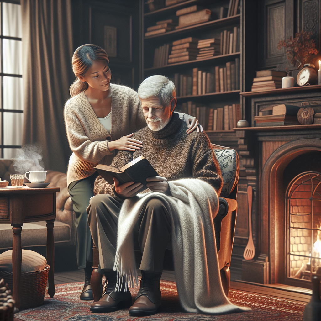 A cozy living room setting featuring an elderly person receiving assistance from a caregiver, showcasing warmth and companionship