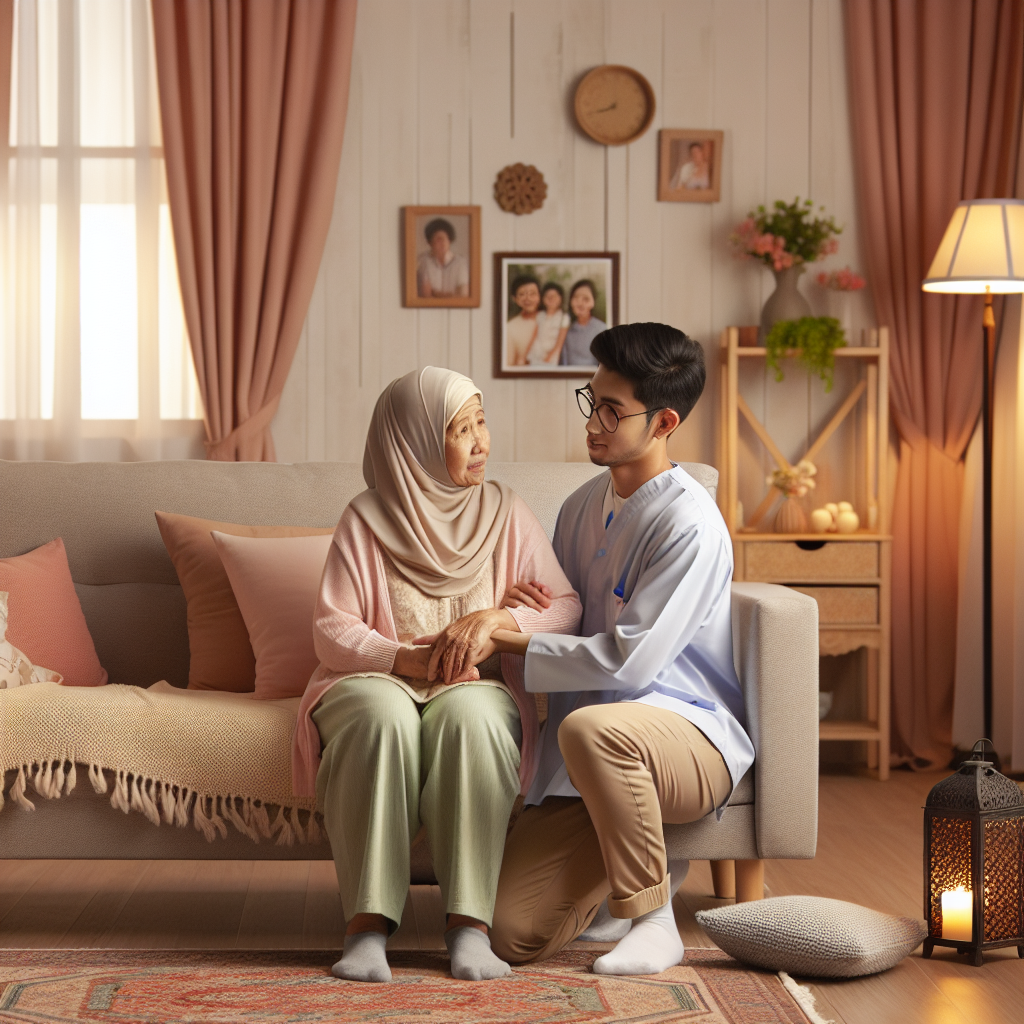 A warm scene of an elderly person receiving in-home care from a caregiver in a cozy living room setting