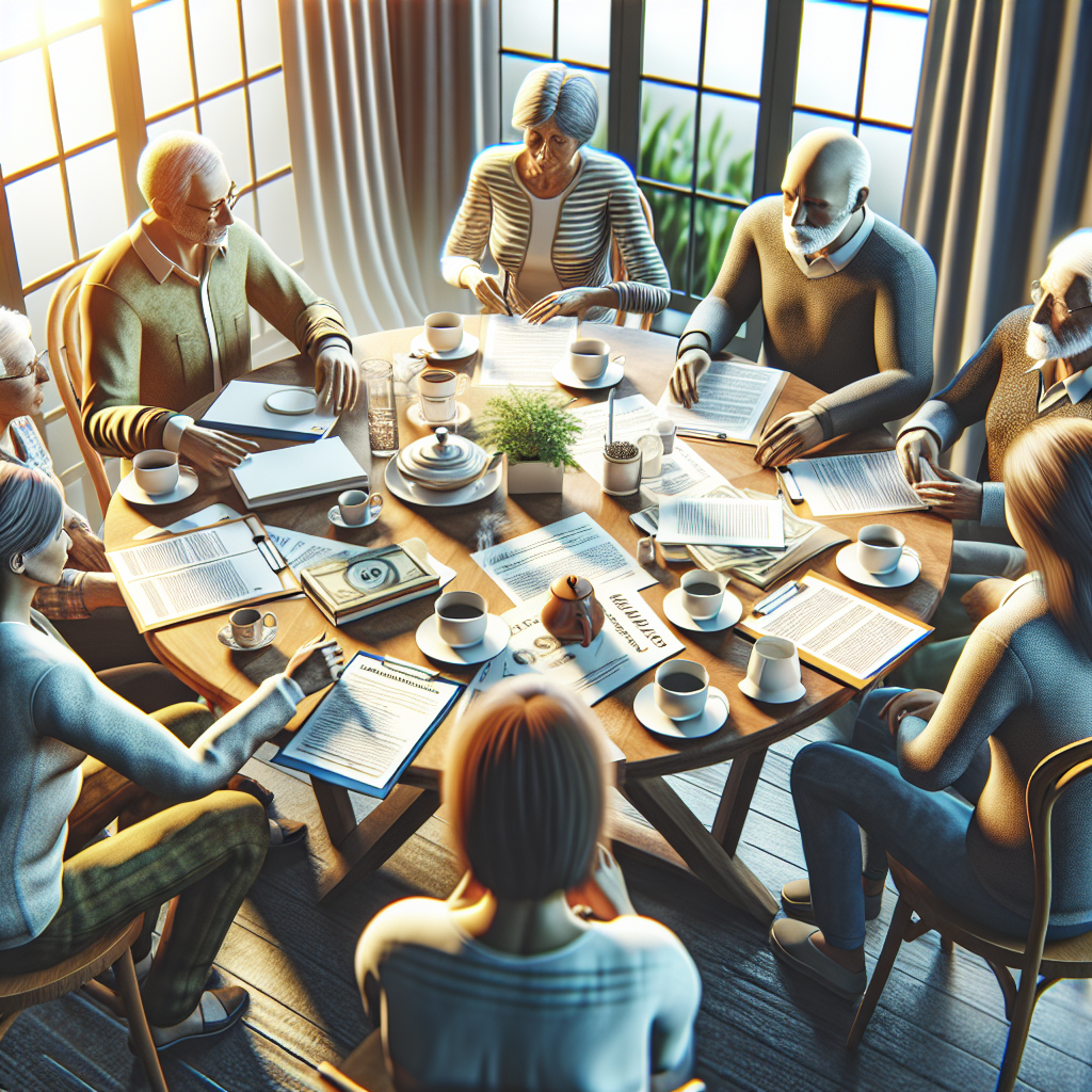 A warm family meeting discussing elder care options around a table with papers and coffee cups