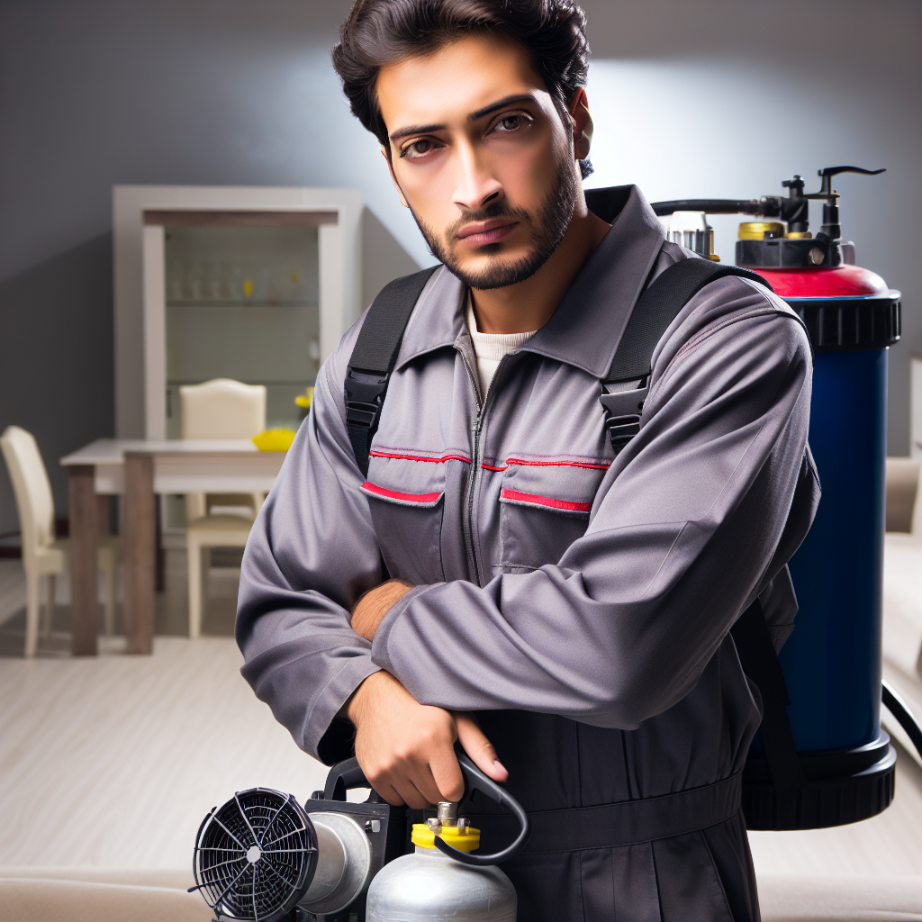 A professional exterminator performing fumigation in a residential home with gas equipment