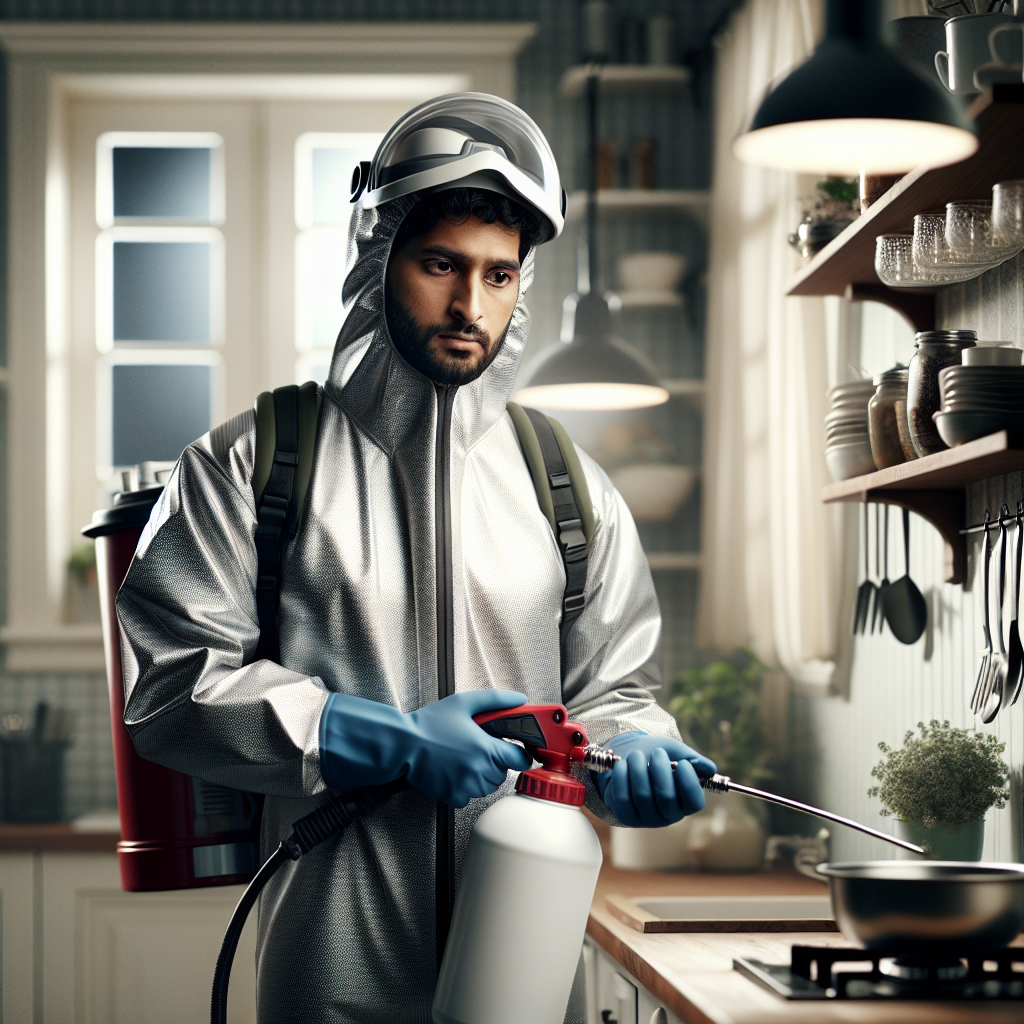 A professional pest control technician performing fumigation inside a residential kitchen with safety gear