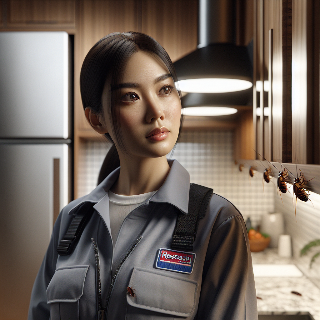 A professional pest control technician inspecting a kitchen for cockroaches