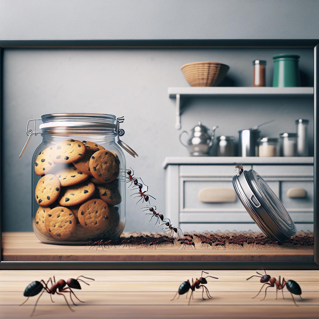 A close-up view of an ant trail leading to an open cookie jar in a kitchen setting
