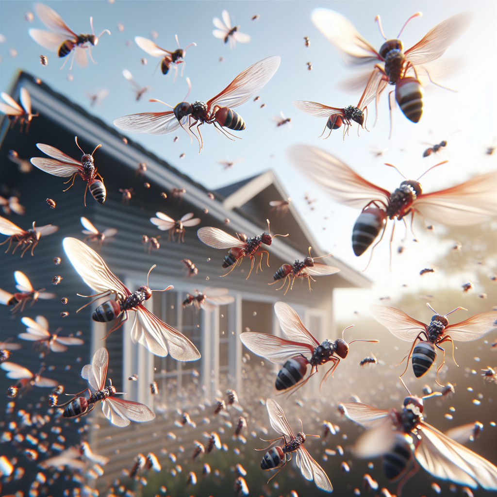 A close-up image of flying ants during their swarming season near a house