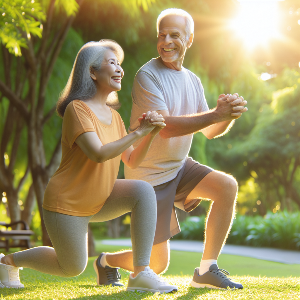 An elderly couple doing mobility exercises together in a sunny park