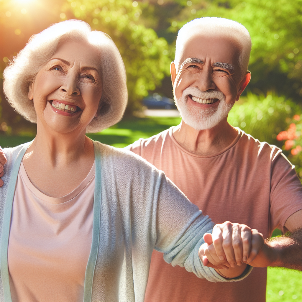 A joyful senior couple engaging in mobility exercises together in a sunny park