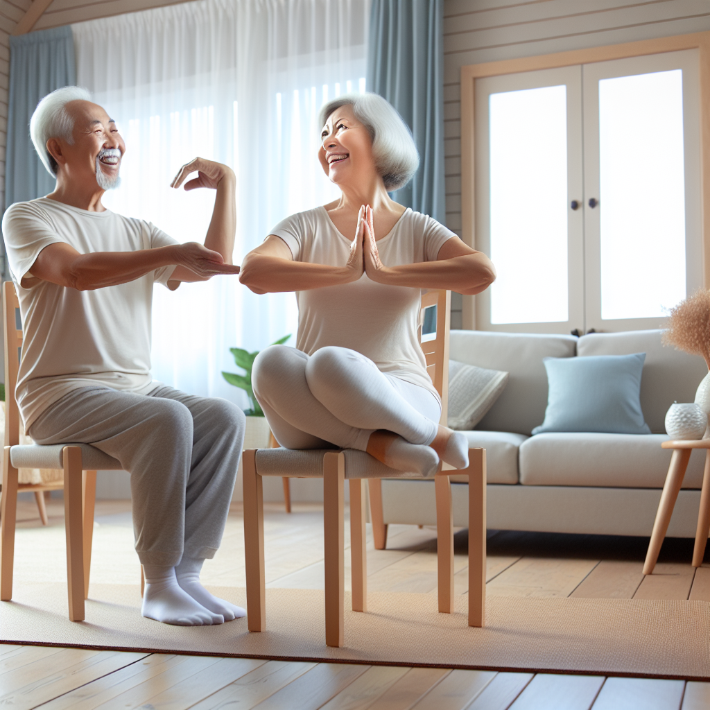 A cheerful elderly couple doing chair yoga together in their living room