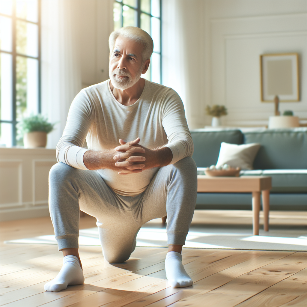 A senior man doing seated exercises in a bright living room