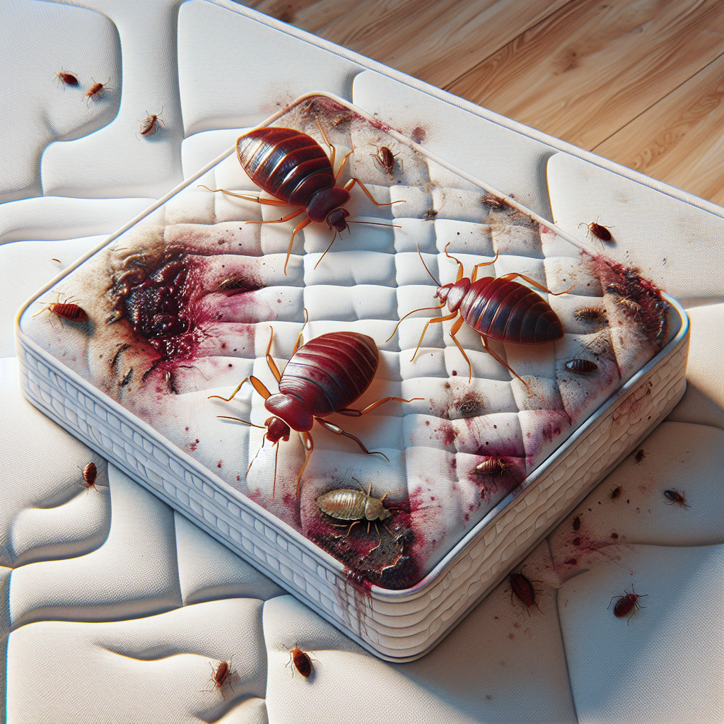 A close-up view of bed bugs on a mattress with signs of infestation like blood stains and shed skins