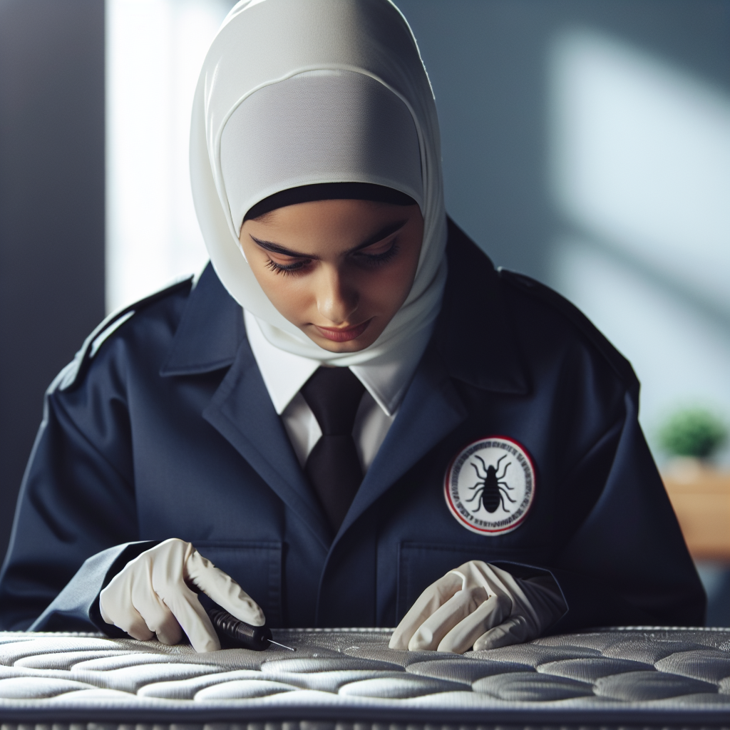 A close-up image of a certified pest control specialist inspecting a mattress for bed bugs