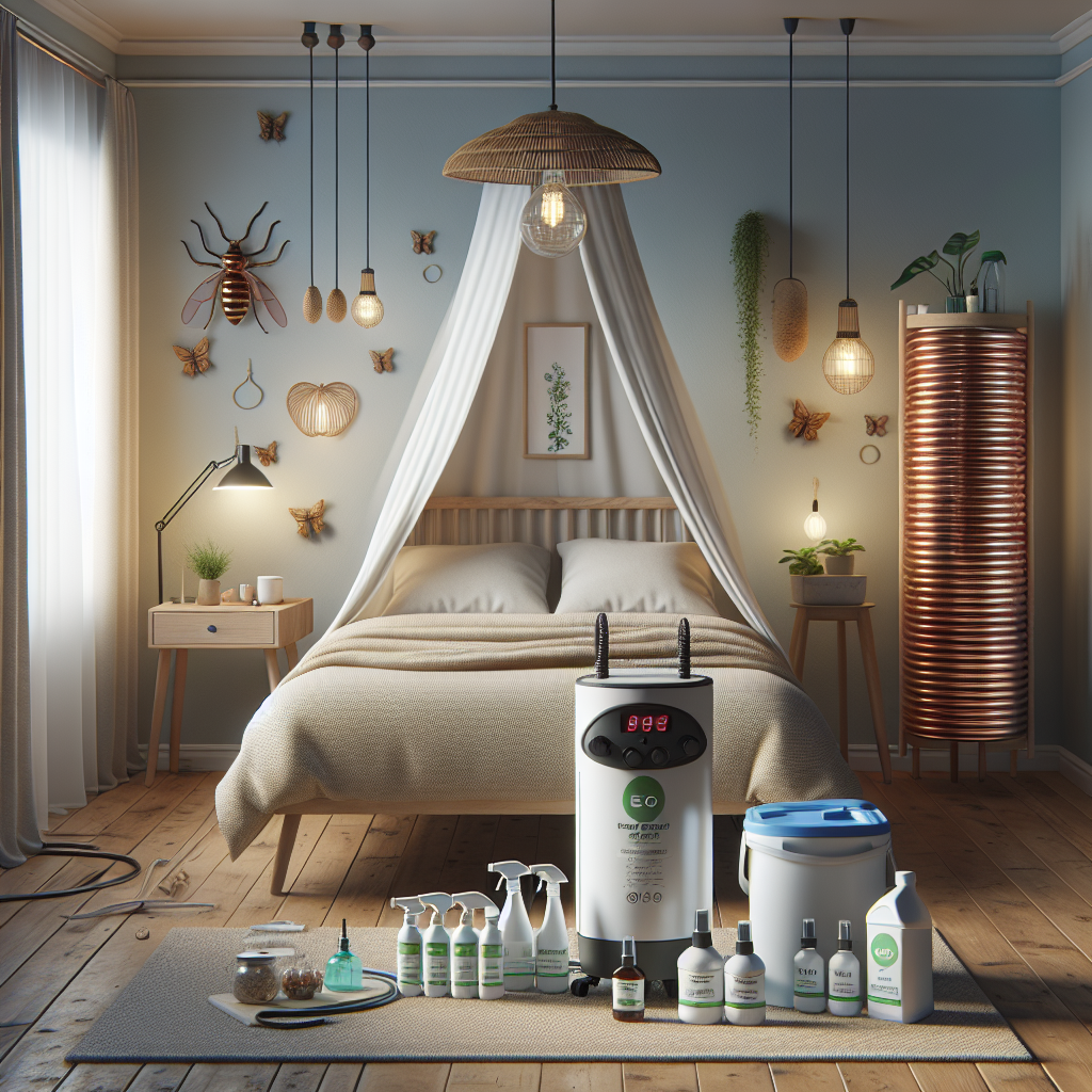 A cozy bedroom with an eco-friendly pest control setup including heat treatment equipment and natural sprays