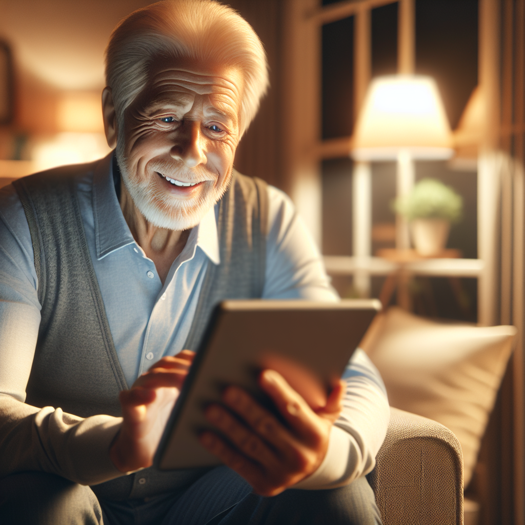 An elderly person using a tablet at home, smiling while video chatting with family