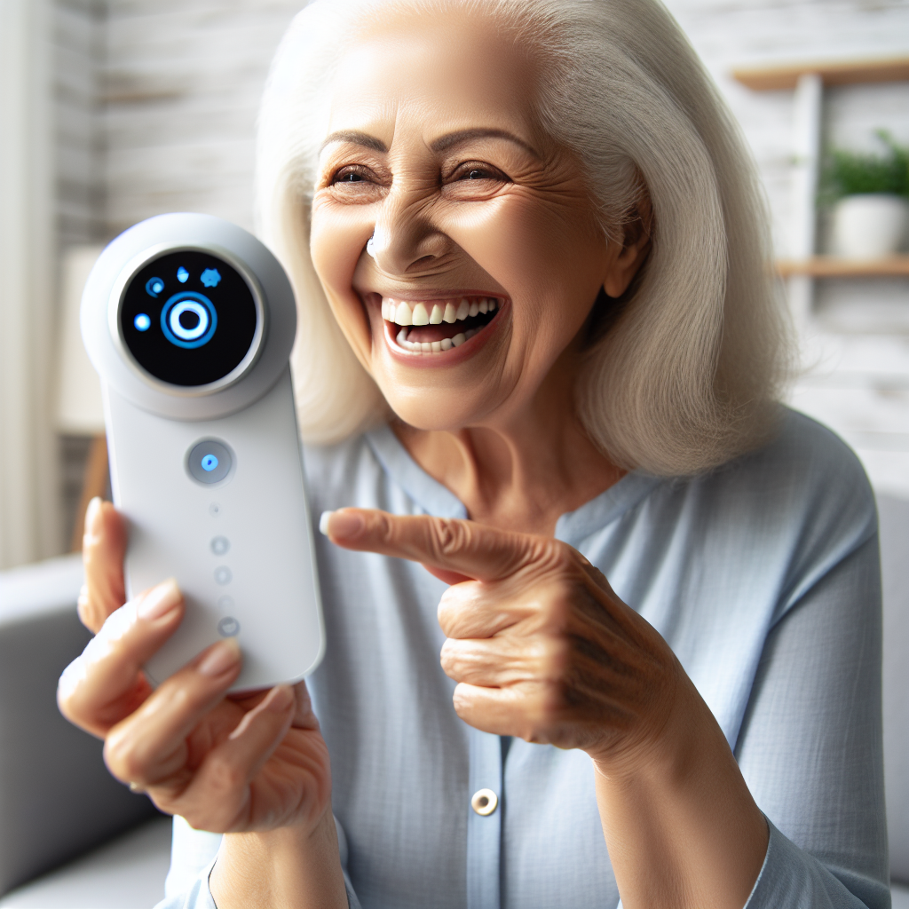 An elderly person using assistive technology at home, smiling while interacting with a smart device