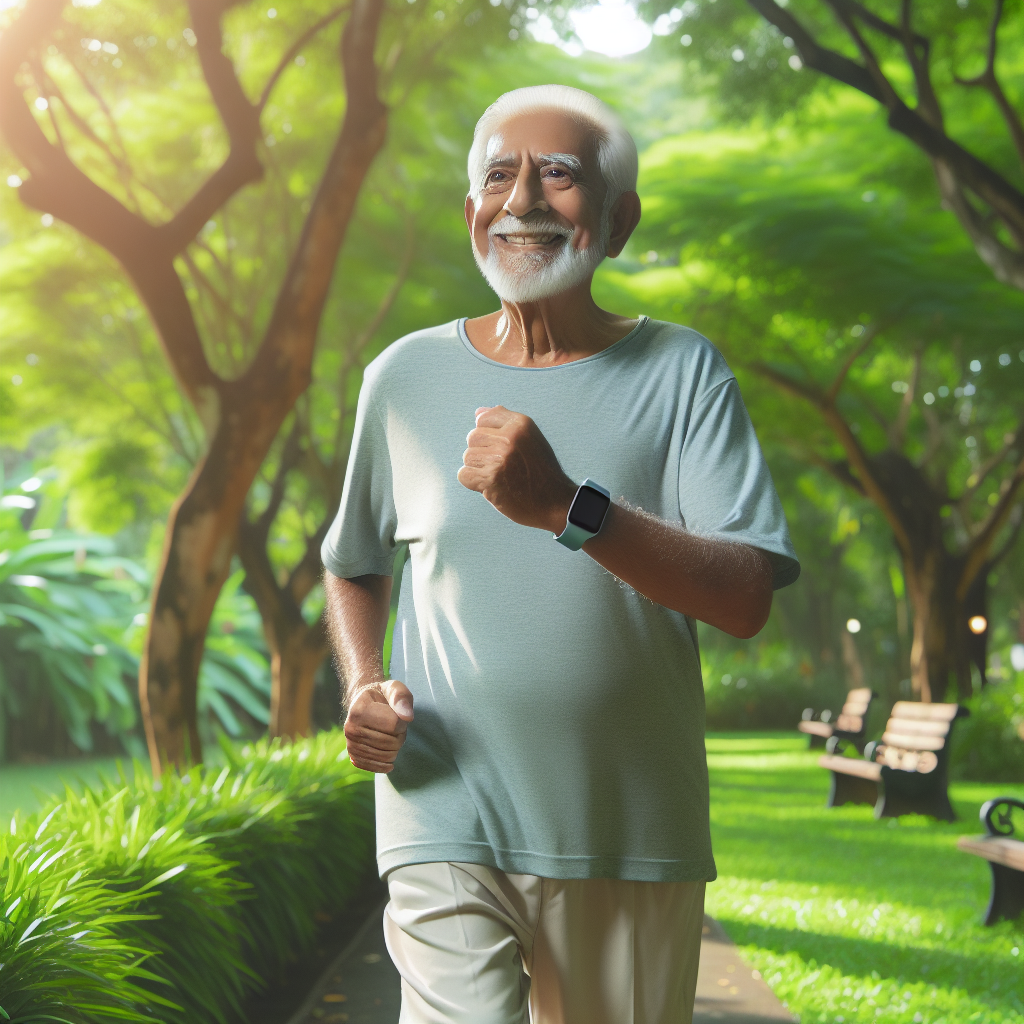 An elderly person wearing a smartwatch while walking in a park, smiling and looking healthy