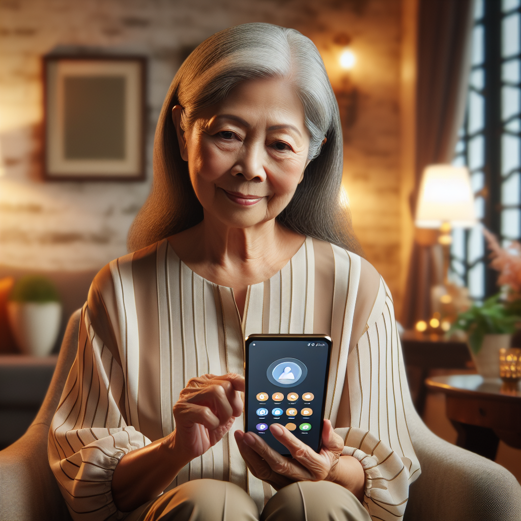 An elderly person using a simplified smartphone while sitting comfortably in a cozy living room