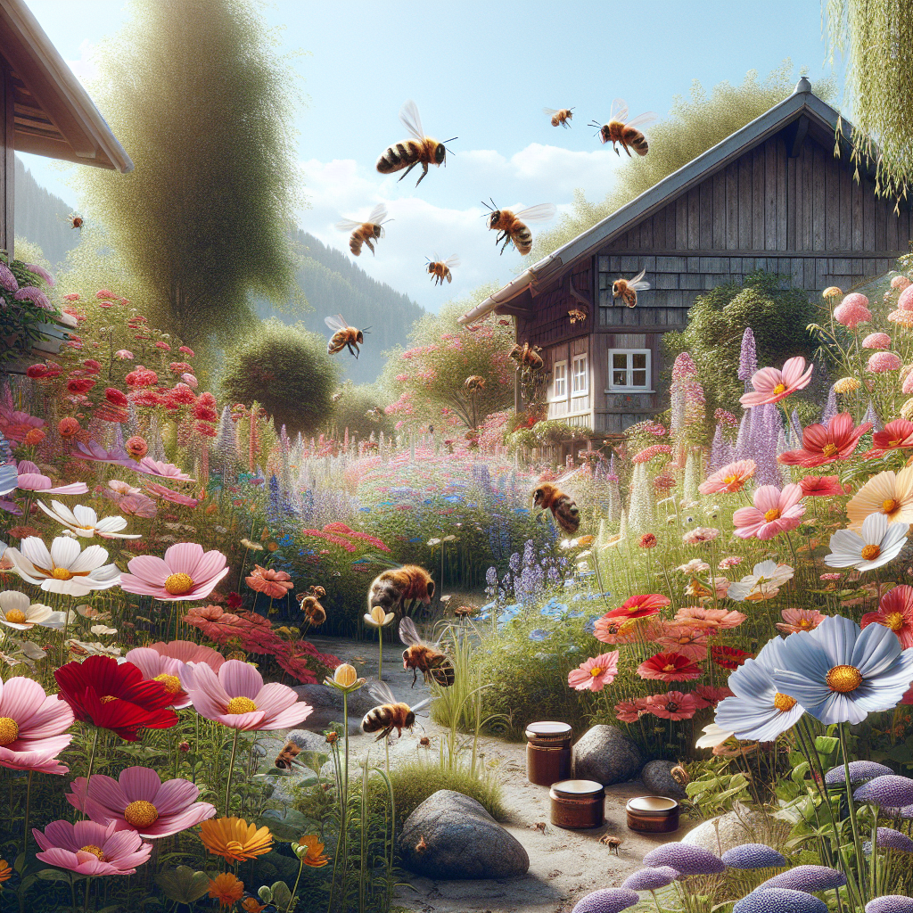 A peaceful suburban garden with bees pollinating flowers under a clear blue sky