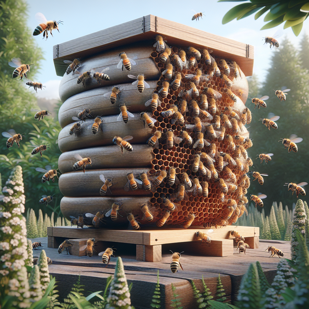 A close-up view of a honey bee hive with bees flying around it in a garden setting