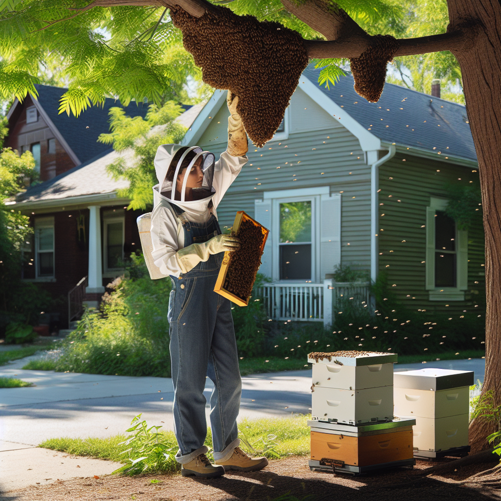 A professional beekeeper safely relocating bees from a residential area in Indianapolis