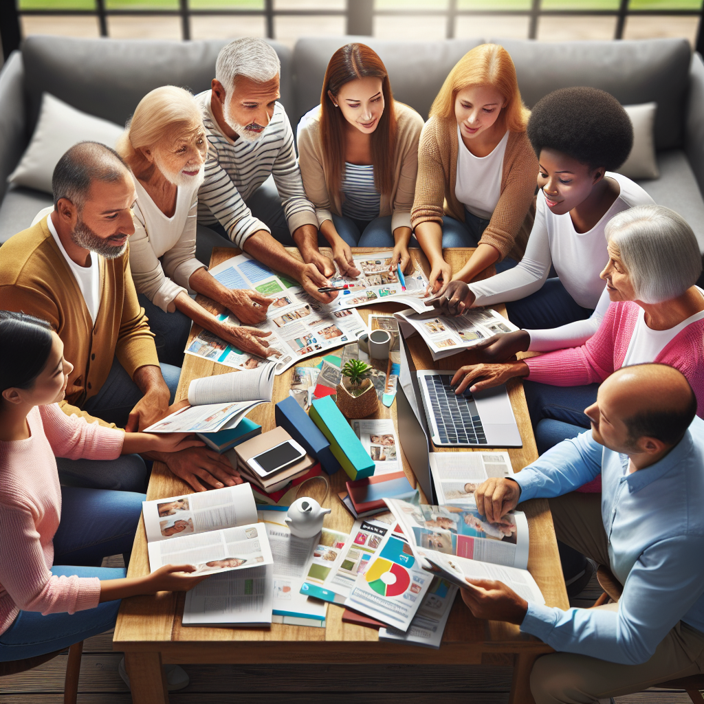 A warm-hearted family discussing caregiving options around a table with brochures and laptops