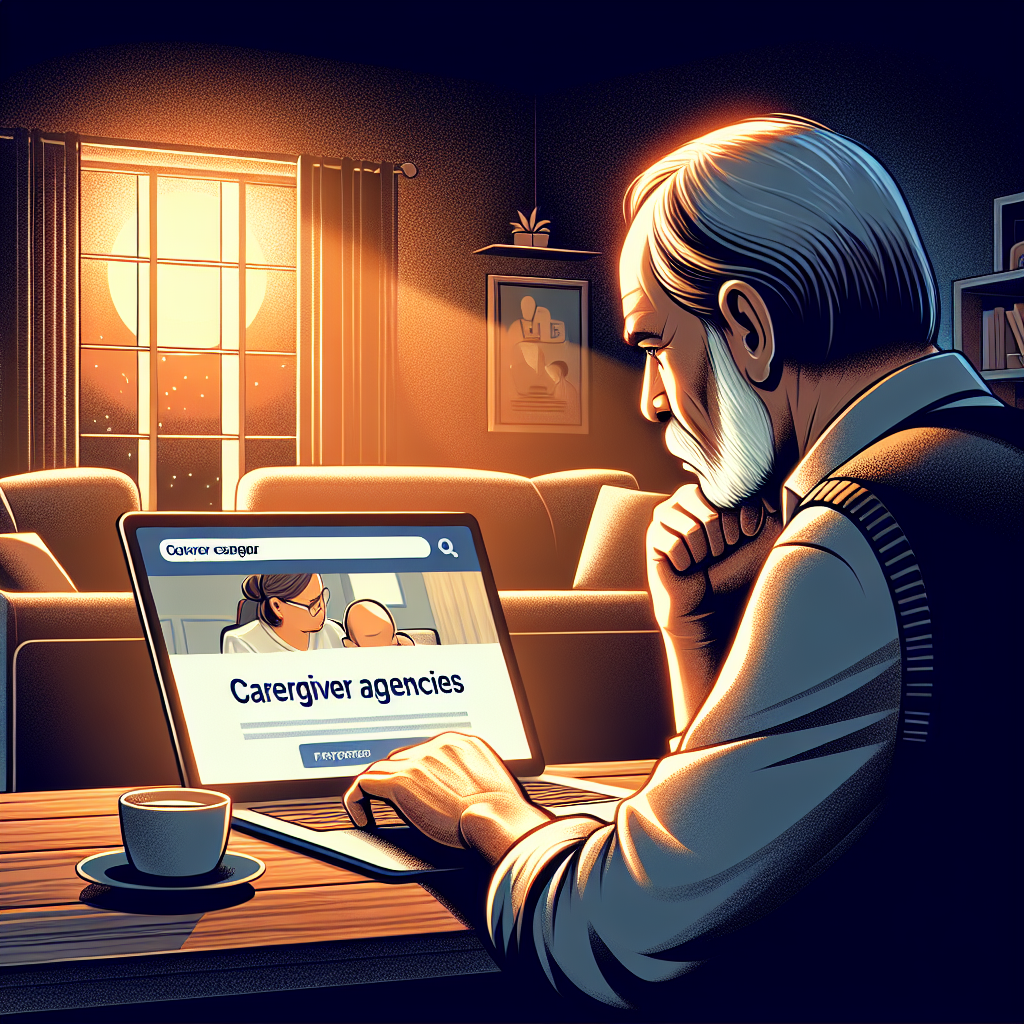 A family member researching caregiver agencies on a laptop at home