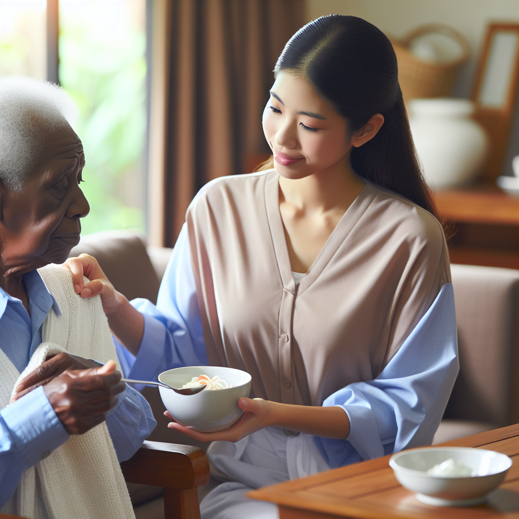 A caring professional caregiver assisting an elderly person at home