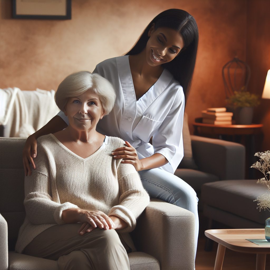 A warm and inviting living room with an elderly person sitting comfortably in an armchair while a caregiver assists them with a smile.