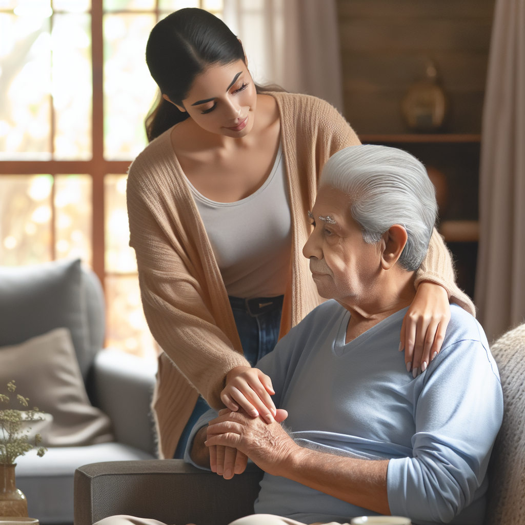 A warm and inviting home setting where a caregiver is assisting an elderly person with daily activities, showcasing compassion and support