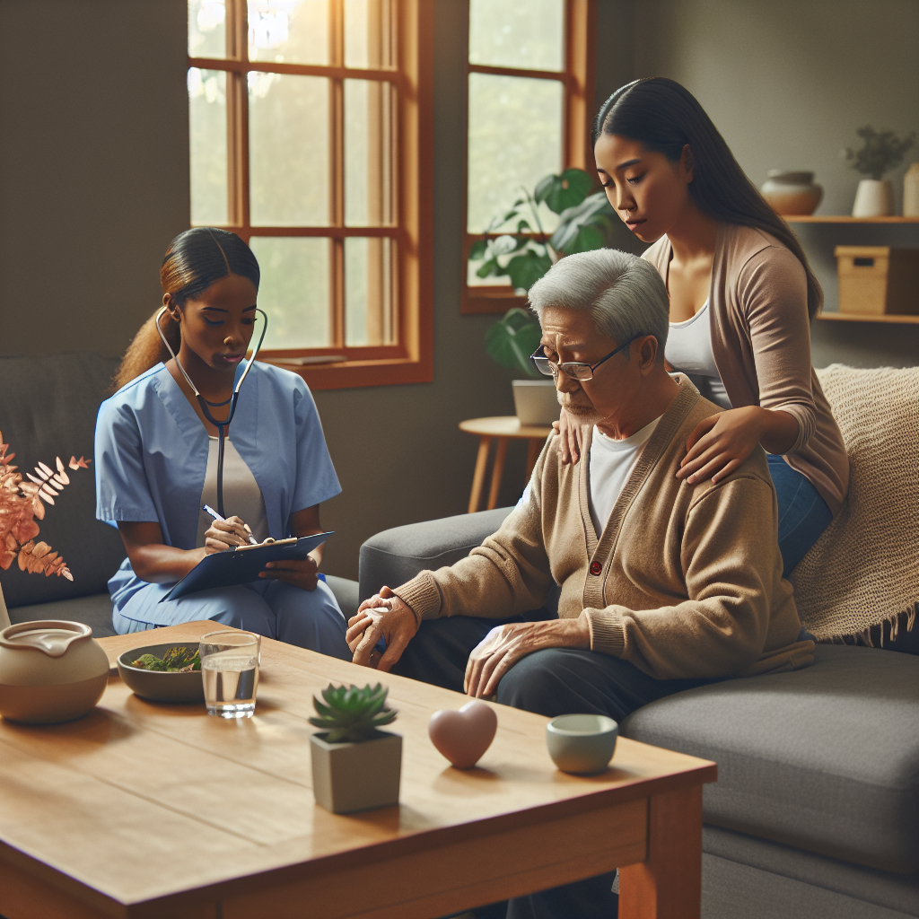 A warm scene showing a family caregiver taking a break while a professional caregiver assists an elderly person at home