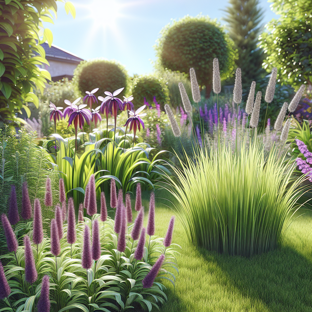A vibrant garden filled with mosquito-repelling plants like lavender and citronella grass, with a sunny backyard setting