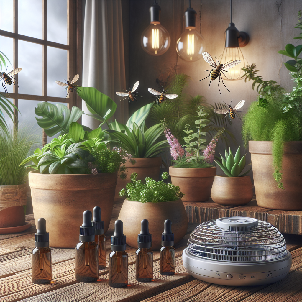 A cozy indoor setting with potted plants known to repel mosquitoes, essential oil bottles on a table, and an electric mosquito trap in action