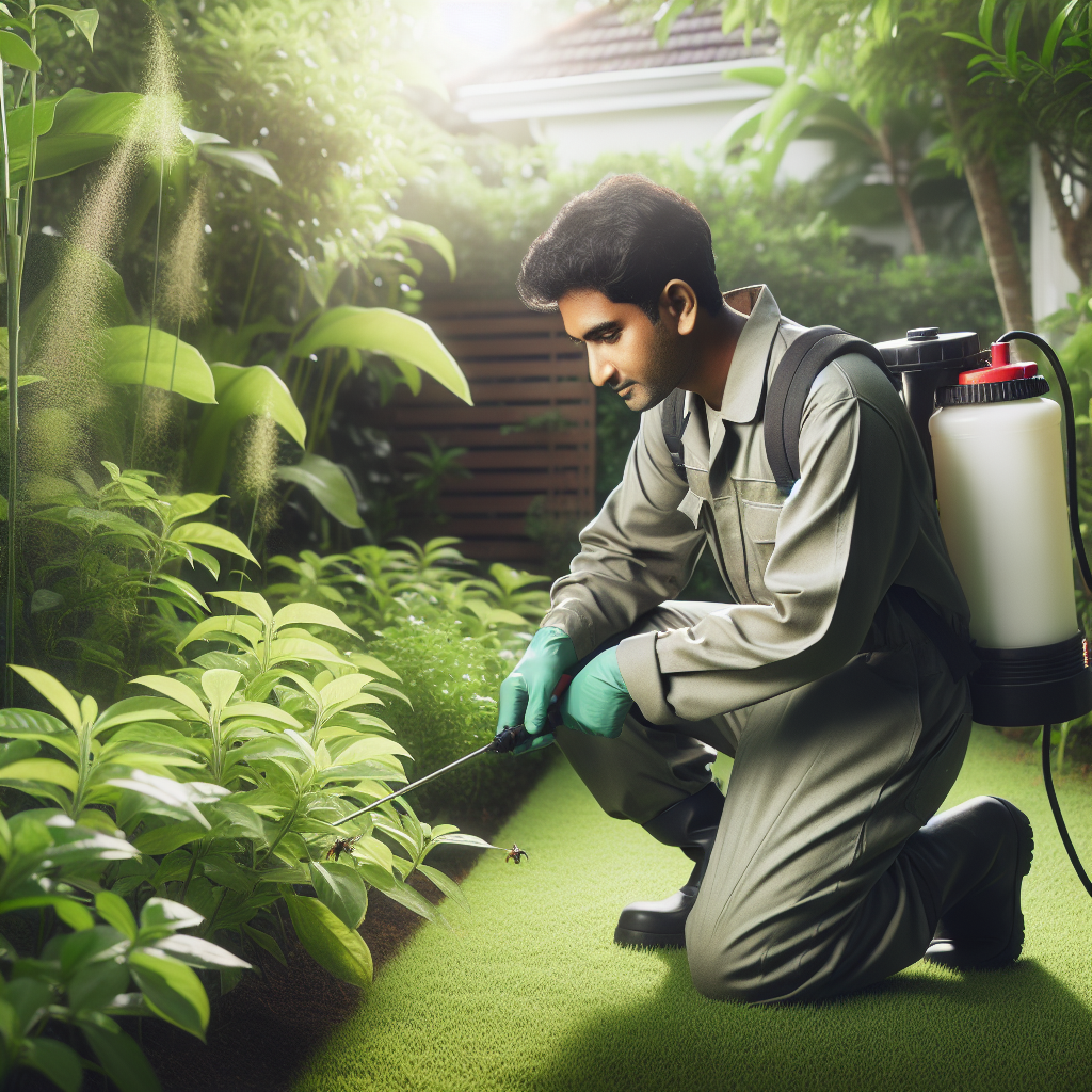 A professional pest control technician applying eco-friendly treatments in a backyard with visible plants