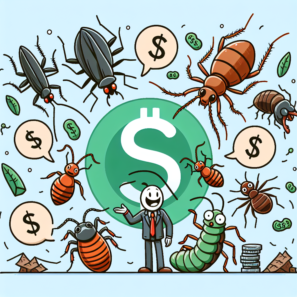 A humorous cartoon depicting various pests like cockroaches, ants, and bed bugs with dollar signs around them, representing pest control costs