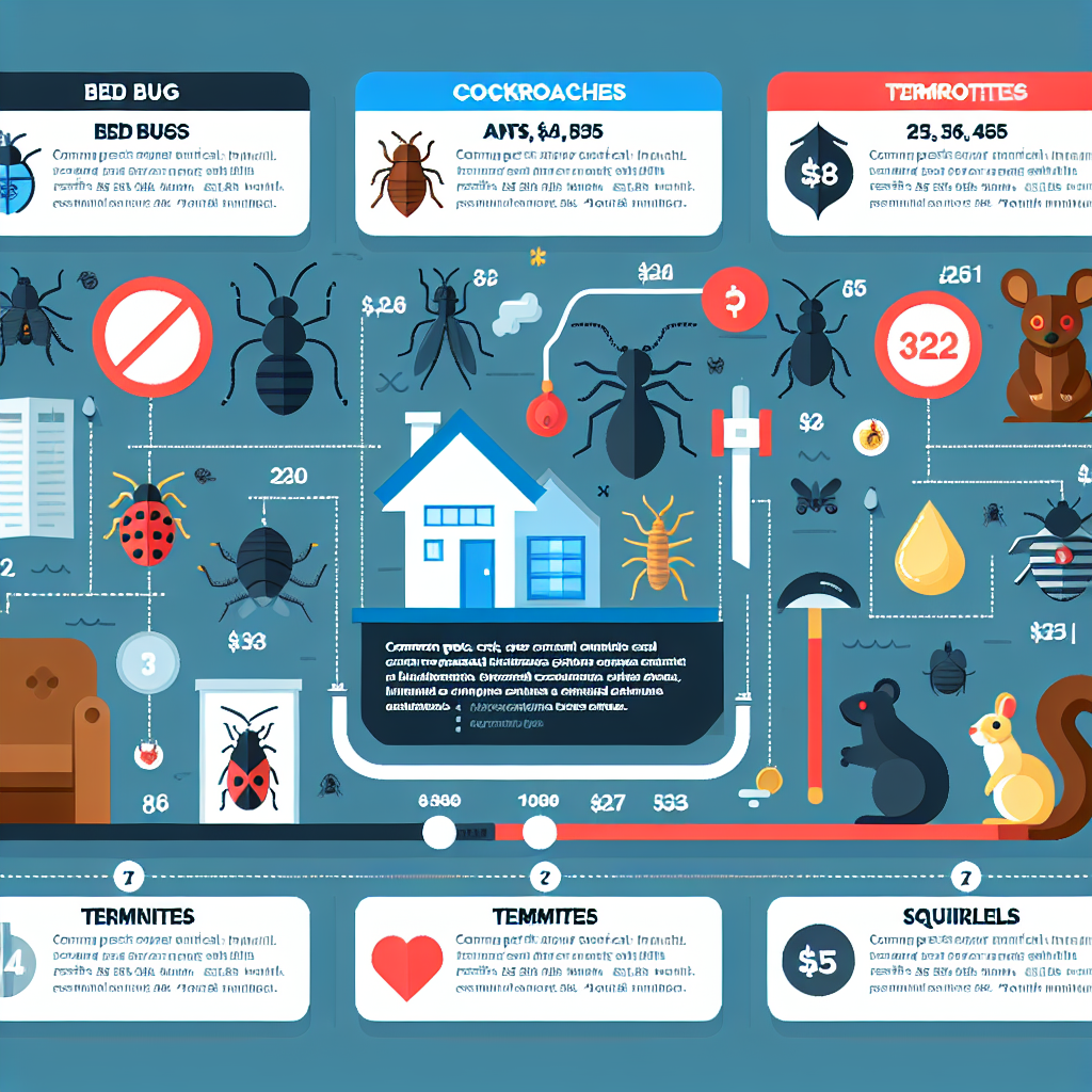 A detailed infographic showing common pest removal costs with icons representing different pests like bed bugs, ants, cockroaches, rodents, termites, and squirrels