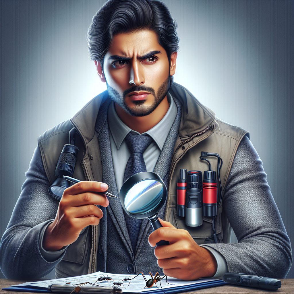 A professional conducting a thorough home pest inspection with tools like a magnifying glass and flashlight