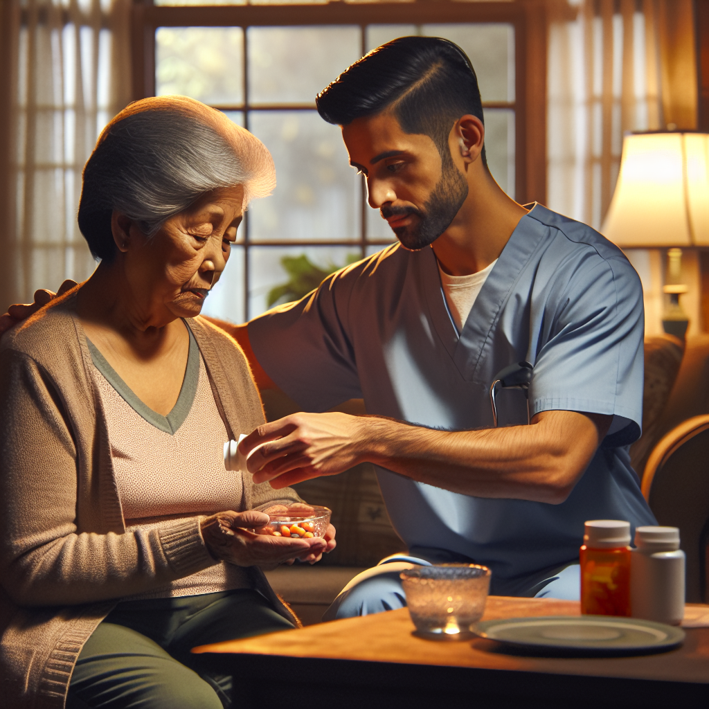 A warm-hearted caregiver assisting an elderly person at home, showcasing personalized senior caregiving