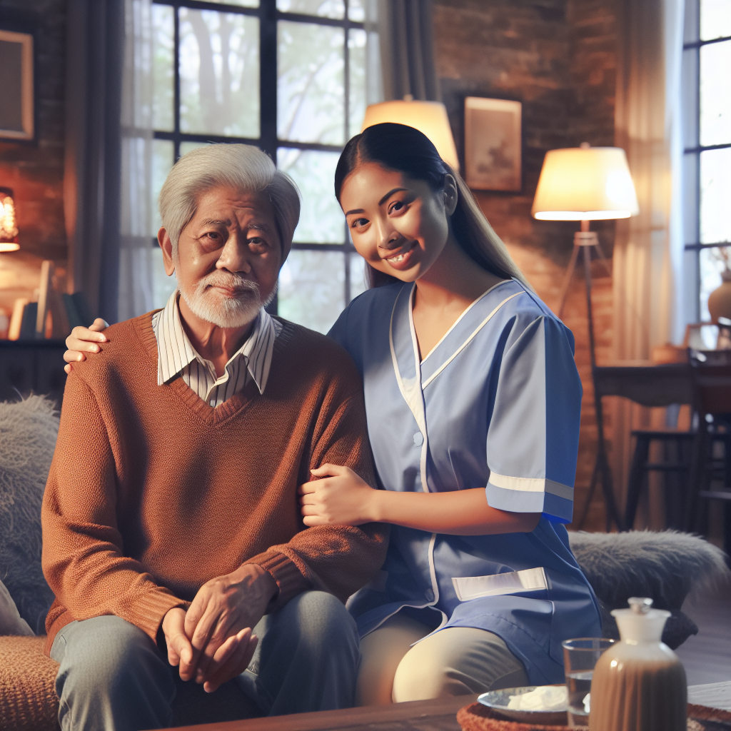 An elderly person receiving in-home care from a compassionate caregiver in a cozy living room setting
