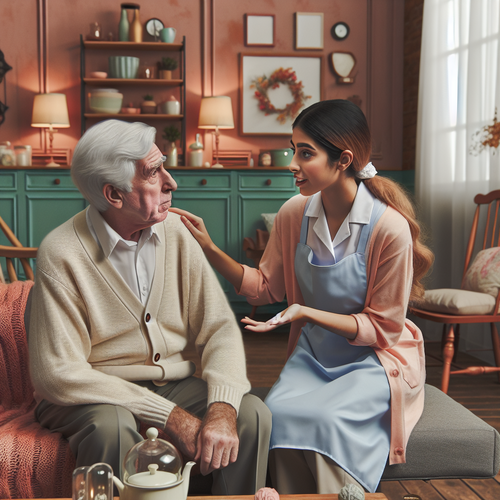 An elderly person enjoying a lively conversation with a caregiver at home, surrounded by warm decor and personal touches