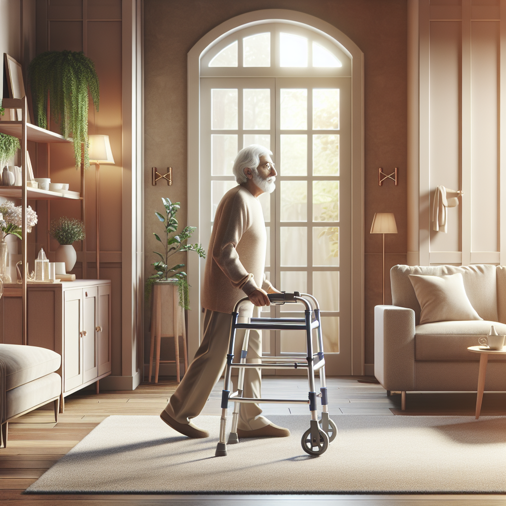 A cozy living room setting with a senior using a walker, surrounded by safety features like grab bars and non-slip mats