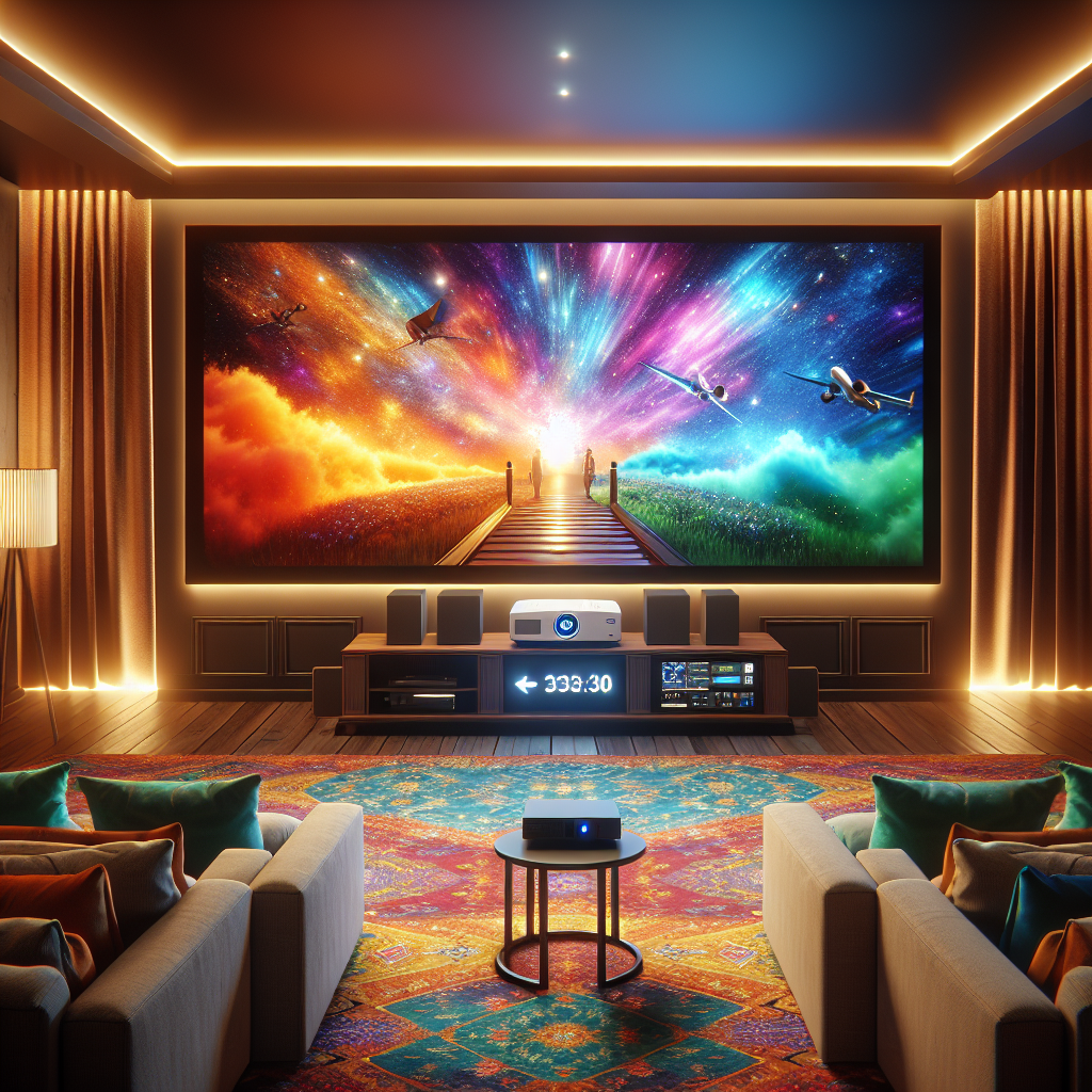 A cozy home theater setup featuring a high-end 4K projector displaying a vibrant movie scene on a big screen