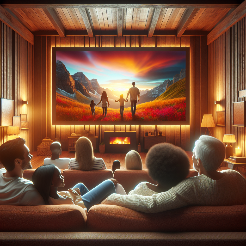 A cozy home theater setup featuring a large screen displaying a vibrant movie scene with a family enjoying the experience