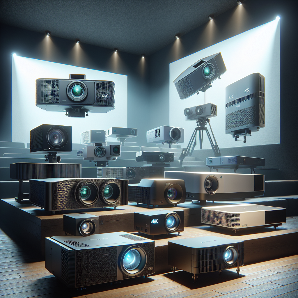 A variety of different types of 4K projectors displayed in a home theater setting, showcasing their unique features and designs