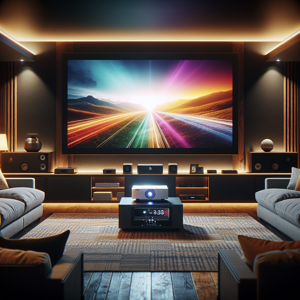 A modern home theater setup featuring a high-quality 4K projector with a large screen displaying vibrant colors