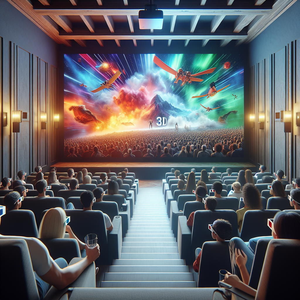 A cozy home theater setup featuring a large projector screen displaying a vibrant 3D movie scene with people wearing 3D glasses