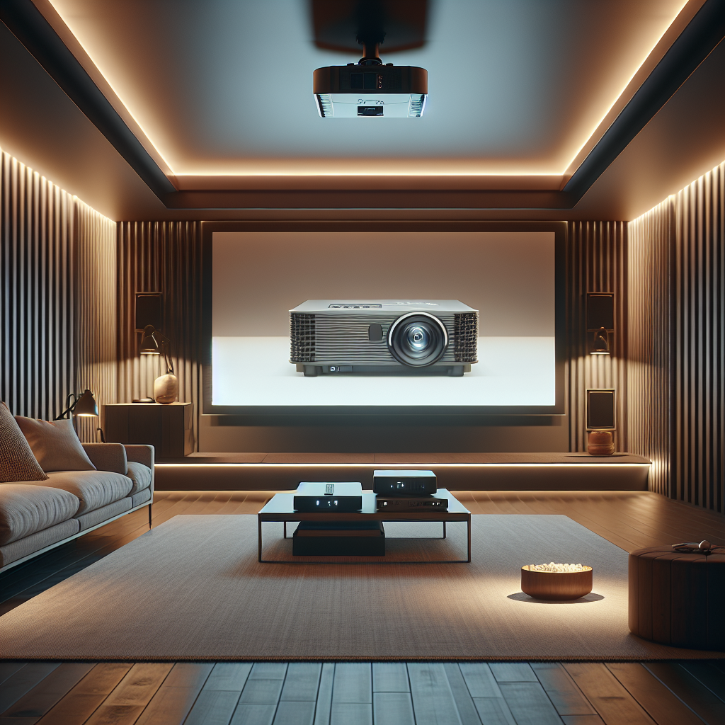 A modern home theater setup showcasing a ceiling-mounted projector with a sleek design and a large screen